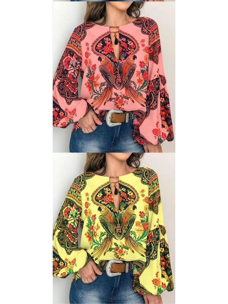 Женский топ с рукавами-фонариками и цифровым принтом весна/лето 2025 г.