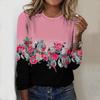 Tops For Spring&Autumn Two Tone Rose Print Round Neck Long Sleeve T-shirt Fall Casual Slim Pullover Women's Long Sleeve Top