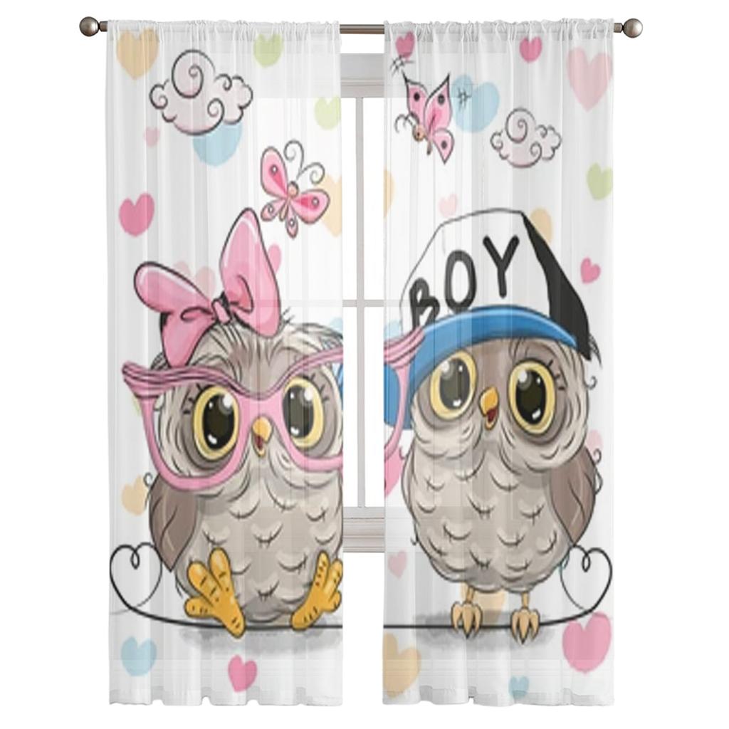 Милые совы на фоне сердца, шифоновые прозрачные шторы для гостиной, спальни, украшения окон, тюль, шторы, занавески