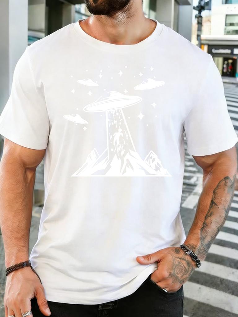 Unisex Crew Neck Tee Cool Ufo Alien Mountain Star Graphic Print Short Sleeve Top Summer Outdoor Loose Soft Casual Basic Daily Wear