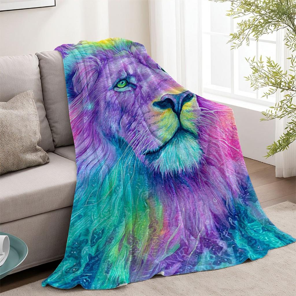 Rainbow Lion Flannel Throw Blanket – Vibrant Art Design, Soft Cozy Fleece for Home, Office, Sofa & Car – All-Season Use