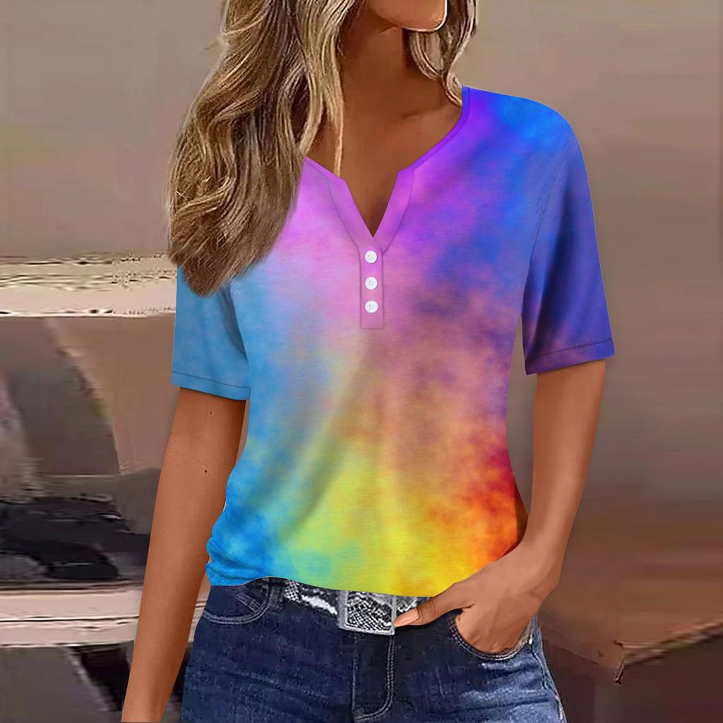 Женская футболка Футболка Принт Пуговица Короткий рукав Повседневная Мода для выходных Базовая V-образный вырез Обычный топ