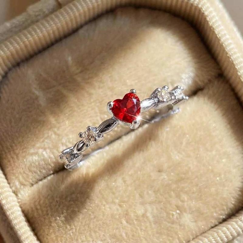 Silve Plated 18K Gold Zircon Red Love Heart Rings for Women Party Wedding High Quality Vintage Fine Jewelry
