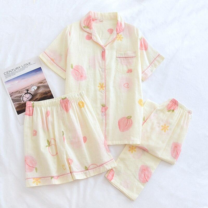 Cotton Pajamas Women's 3 Pcs Set Printed Fashion Pure Cotton Double-layer Gauze Shorts/Long Pants Sleepwear