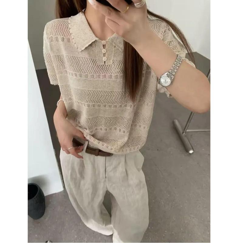 Women's White Wave Lace Peter Pan Collar Hollow Stripe Pearl Button Short Sleeve Knit Top