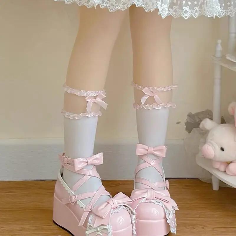Fashion Sweet Girls Lolita Cute Rabbit Ears Platform Shoes Cute Bowknot Monk Alice Flat Elevator Shoes Mary Janes