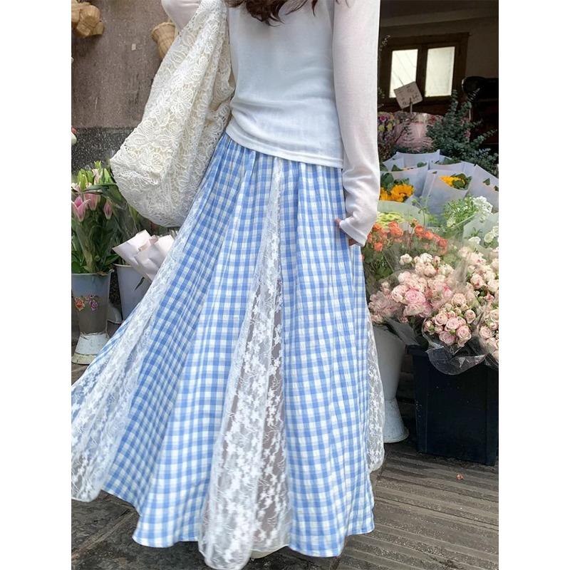Plaid Lace Skirt for Women In Summer Korean Style Slim Design A-line Long Skirt