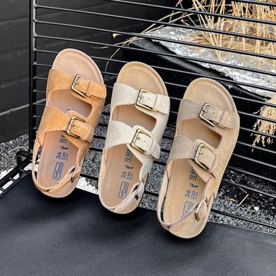 2024 Летние женские сандалии из пробки с двумя пряжками из коровьей замши, сандалии на плоской подошве для женщин, модные садовые туфли-мюли в стиле ретро