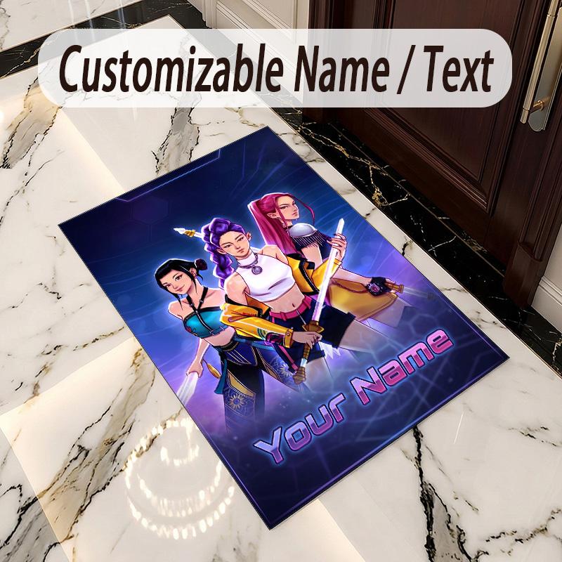 Crystal Velvet Rug Kpop Demon Hunters Print Custom Name Text Floor Mat Home Decor