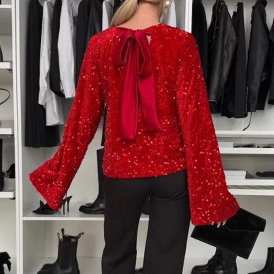 Женские топы с круглым вырезом, длинным рукавом, завязкой сзади, сексуальные топы свободного кроя, однотонные, повседневные блузки для вечеринок, повседневная одежда