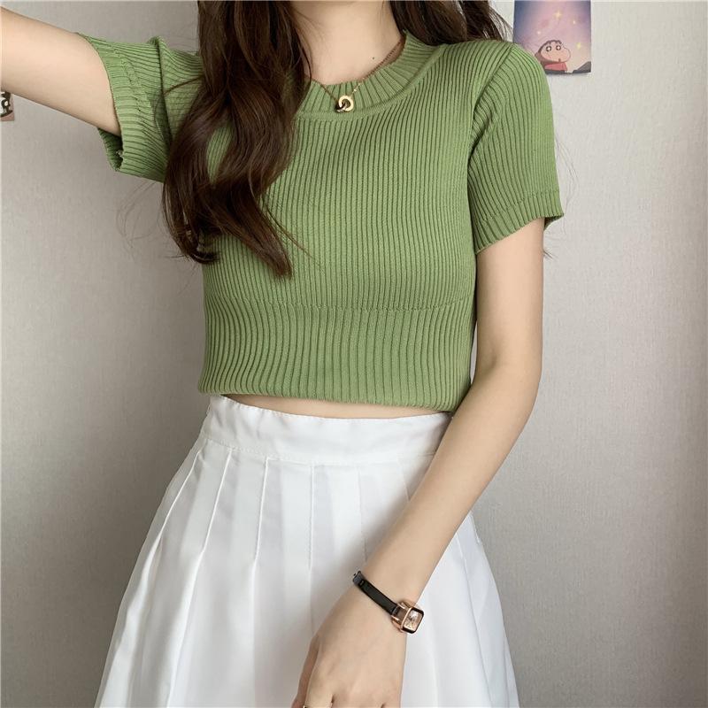 Круглый вырез горловины с короткими рукавами вязаный свитер тонкий тонкий короткий абзац топы женские повседневные летние базовые удобные и стильные облегающие пуловеры футболки