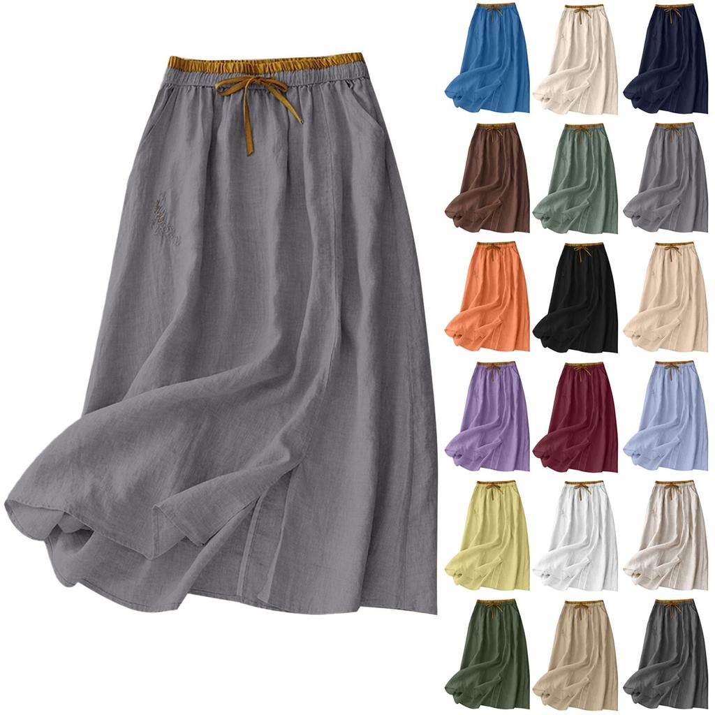 Женская однотонная хлопково-льняная юбка-полусолнце, повседневная, средней длины, на резинке, повседневная юбка-полусолнце