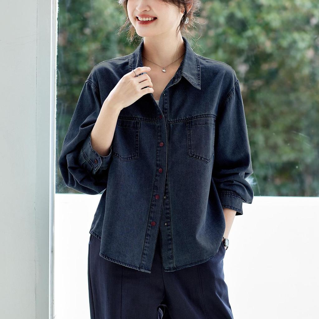 Ретро-рубашка-куртка женская из стираного синего денима с длинным рукавом - Мода Весна 2026
