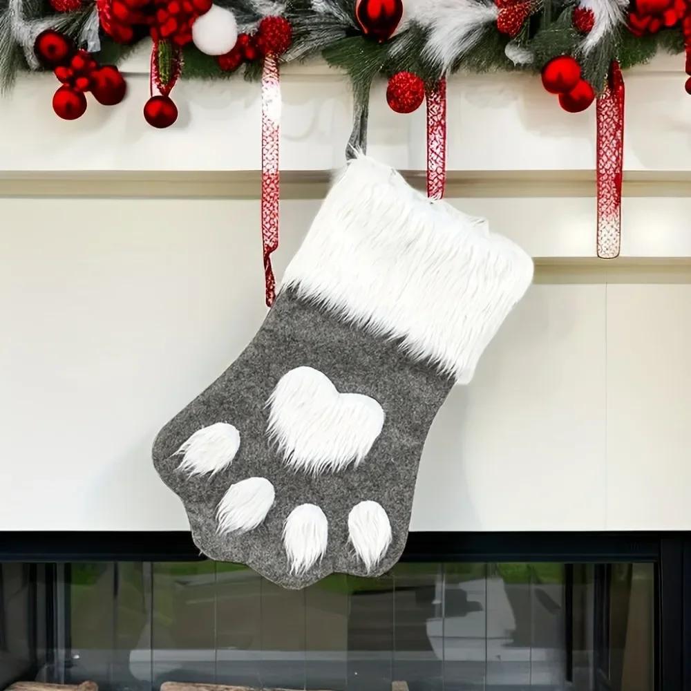 Christmas Stocking Socks Gift Candy Bag Dog Cat Paw Elk Pattern Xmas Tree Hanging Ornament Party Home Fireplace Decoration