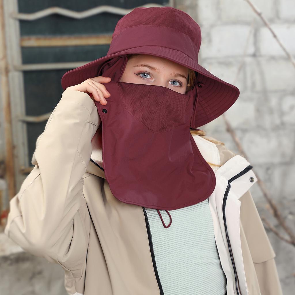 Full cover face sunscreen mask outdoor UV protection bucket hat summer breathable big brim shawl sun hat