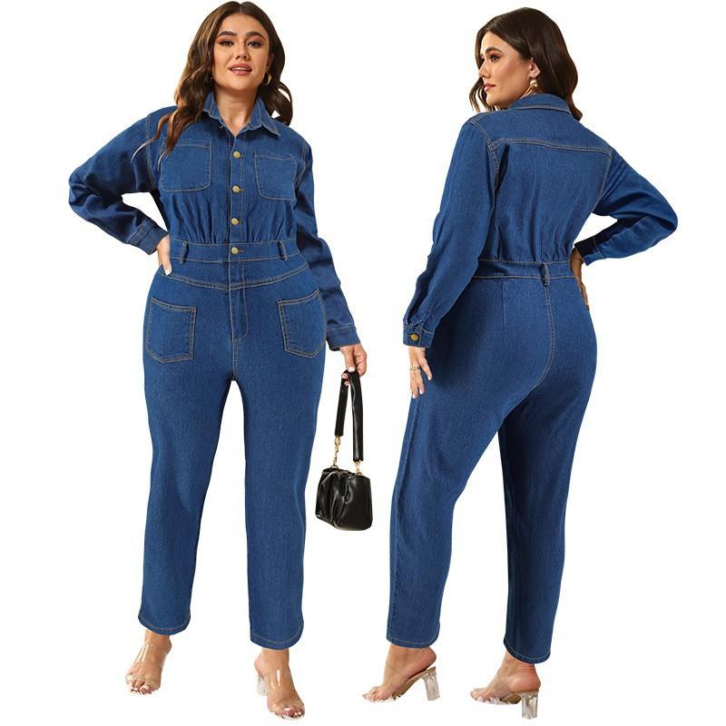 Womens Plus Size Denim Jumpsuit Long Sleeve Collarless Straight Leg Overalls 2025 Soft Sweet Style XL To 5XL