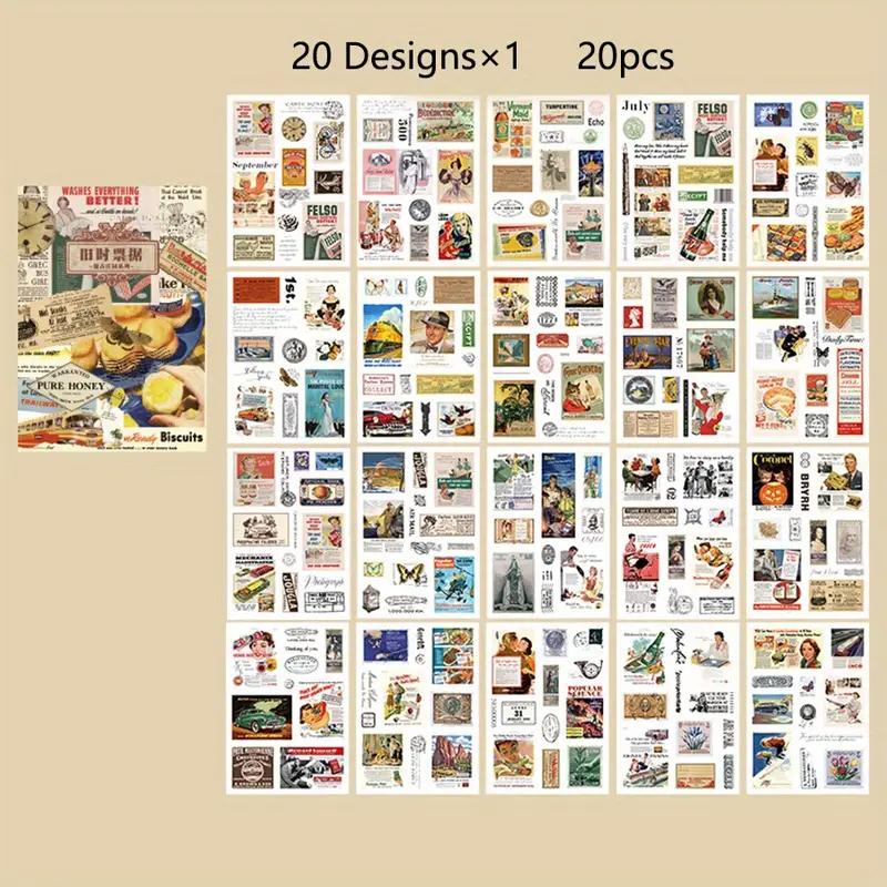 20 Sheets Sticker Book, Retro Diary Material DIY Decoration Sticker For Junk Journal Decorative Background Supplies Art Album