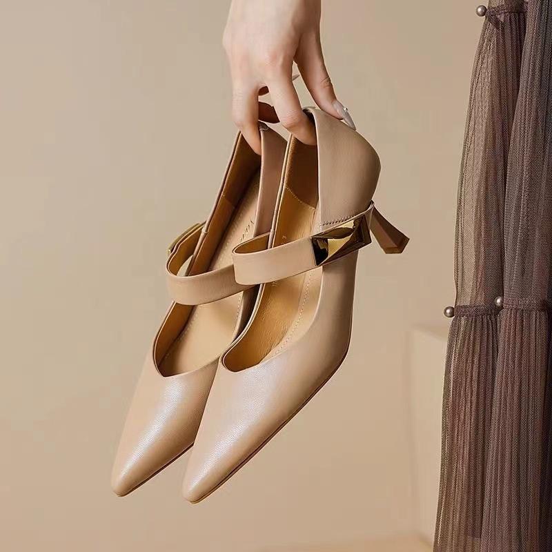 Ся новые остроносые туфли на толстом каблуке средней высоты модные одинарные туфли женские с ремешком на подъеме из мягкой кожи для работы туфли Мэри Джейн