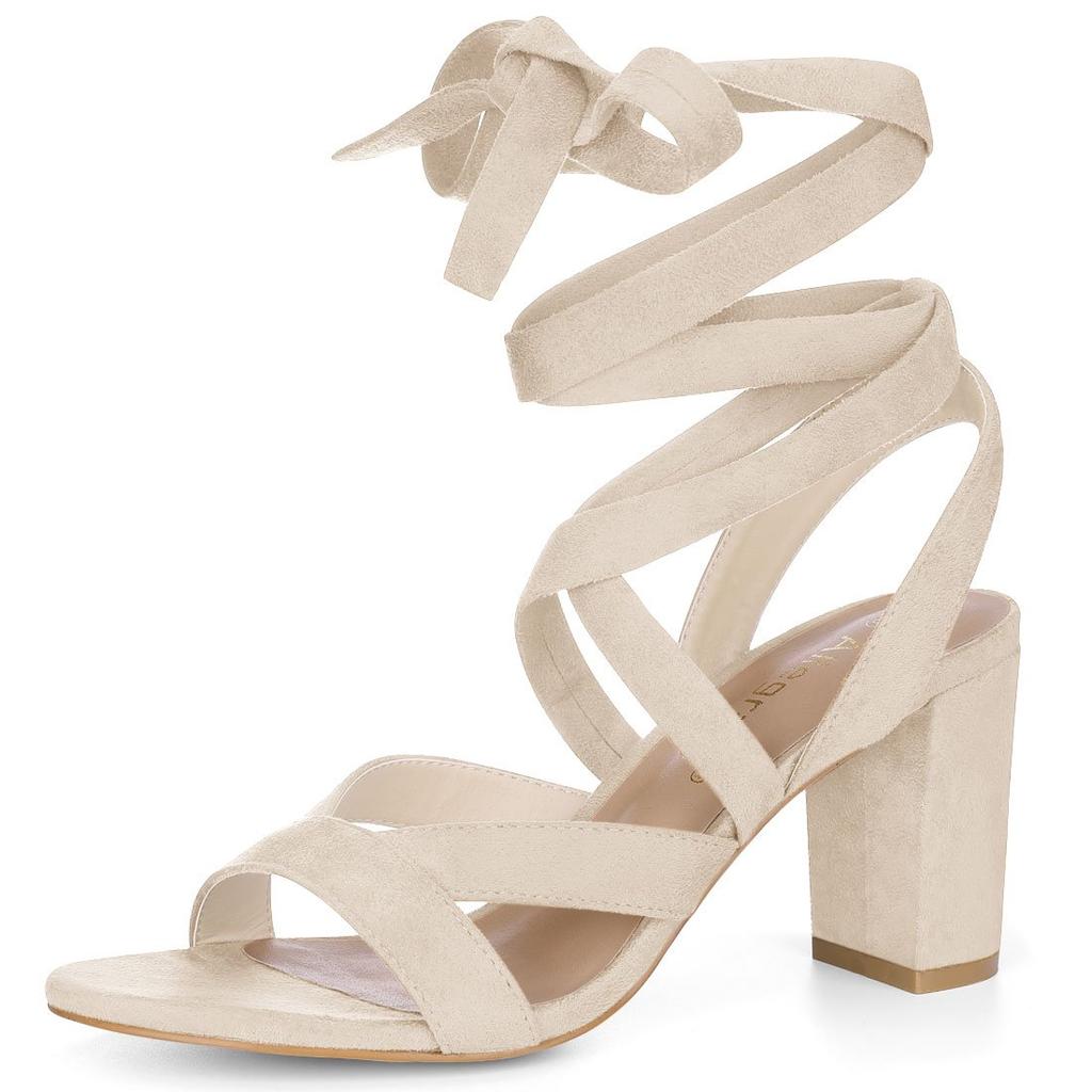 Allegra K Women's Lace-Up Sandals, Open Toe, Crisscross, Chunky Heel, Beige, Size 25.5cm