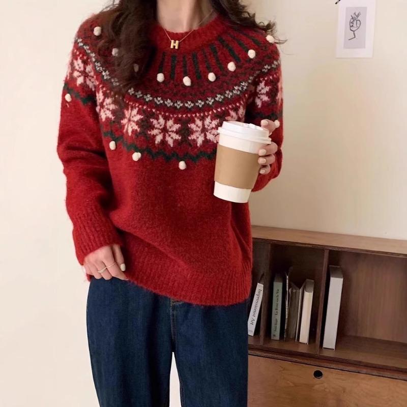 Jacquard Christmas New Red Fair Island Sweater Women's Autumn and Winter New Retro Pullover Soft Waxy Knitted Top