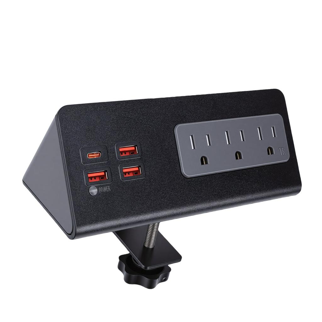 Desk Clamp Power Strip 15A 1875W 3 AC Outlets 3 USB A 1 PD20W USB C Ports Desktop Edges Mount Power Strip Surge