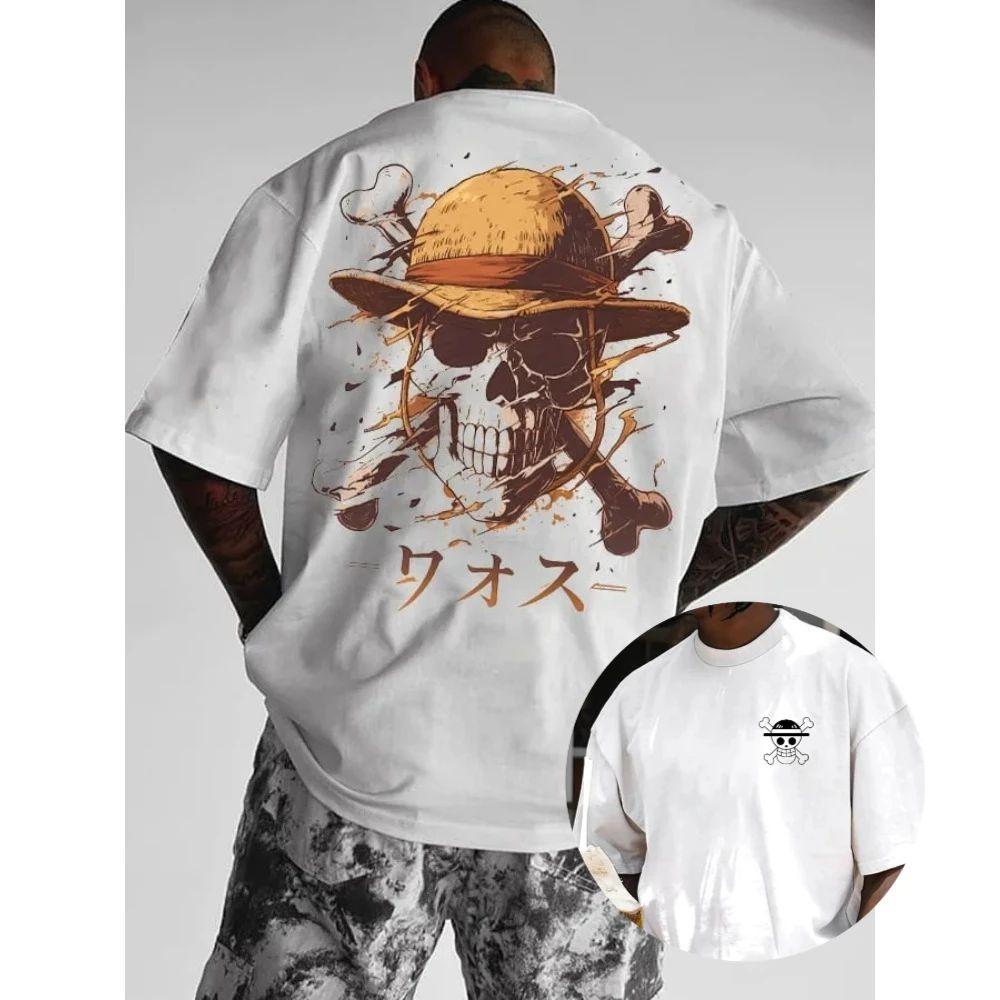 One Piece Luffy Wanted Front & Back Print Short Sleeve T-Shirt, Crew Neck Loose Casual Anime Streetwear Tee