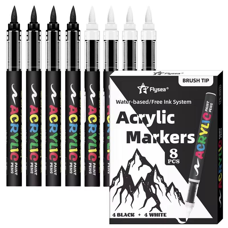 Black And White Acrylic Paint Marker, 8Pcs Large Ink Capacity Marker, Ideal For Illustration Sketching/Wood/Rock Painting/Glass