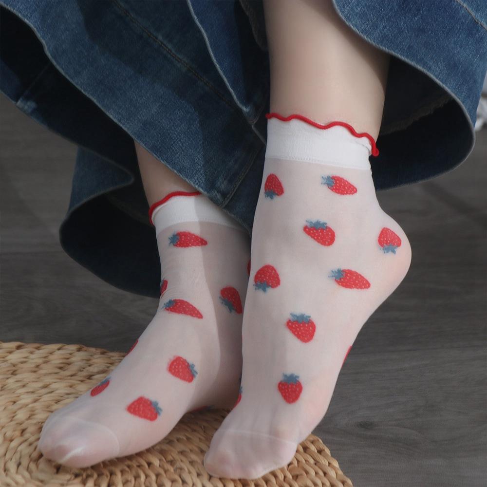 Peach Strawberry Glass Silk Ruffle Socks Avocado Ultra Thin Transparent Flower Ruffle Socks Korean Ins