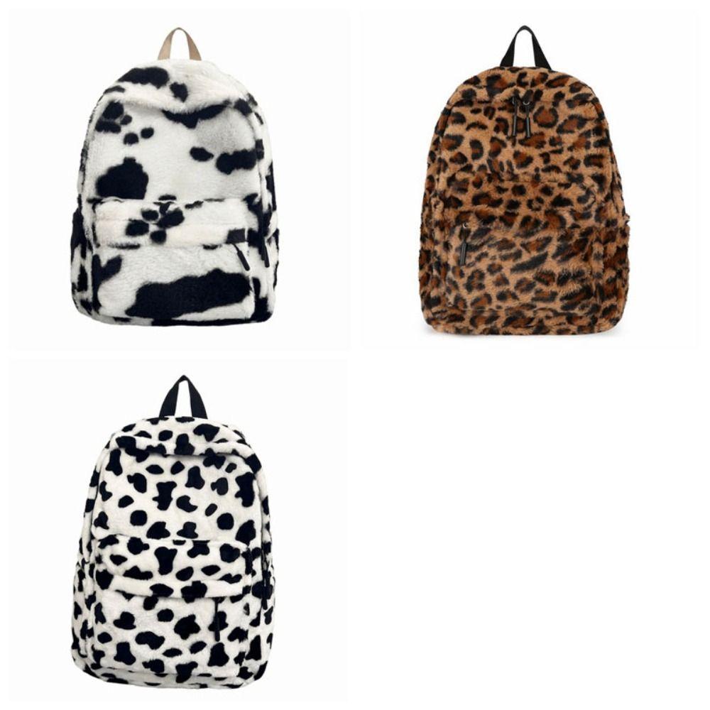 Plush Students School Bag Harajuku Students Daypack Portable Leopard Print Backpack Daily