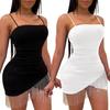 Skinny Low-cut Solid Color Spaghetti Strap Elastic Tight Waist Tassel Strappy Dress Summer Club Party Mini Dress