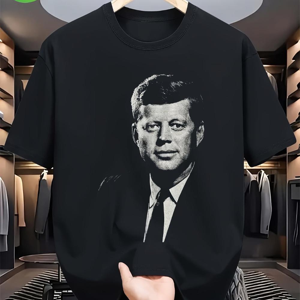 Men's JFK John F Kennedy Presidential Portrait T-Shirt 180gsm Heavyweight Solid Color Loose Fit