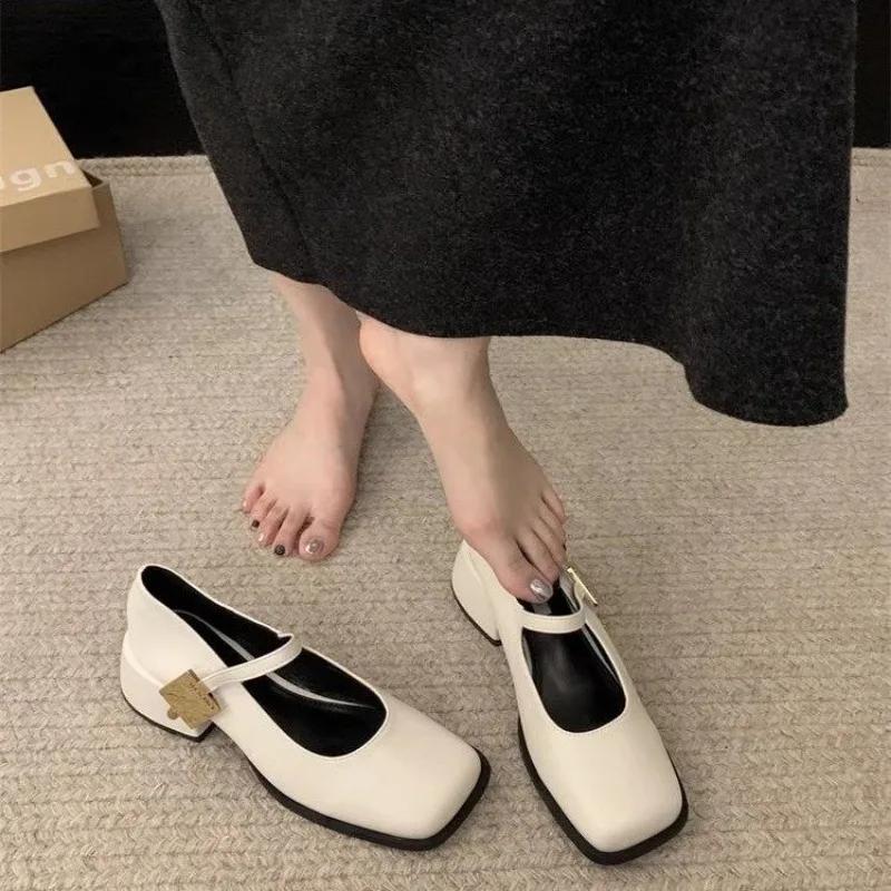 Autumn Casual Women Fashion Square Toe Close Toe Ankel Strap Mules Ladies Elegant Mary Jane Ballet Shoes Mid Heel Dress Pumps