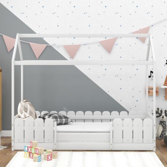 Children Bed Single Sturdy Construction High Stability Fence Design Mildew-proof Good Load-bearing Bedstead Anti-fall Smooth Surface Frame Wooden