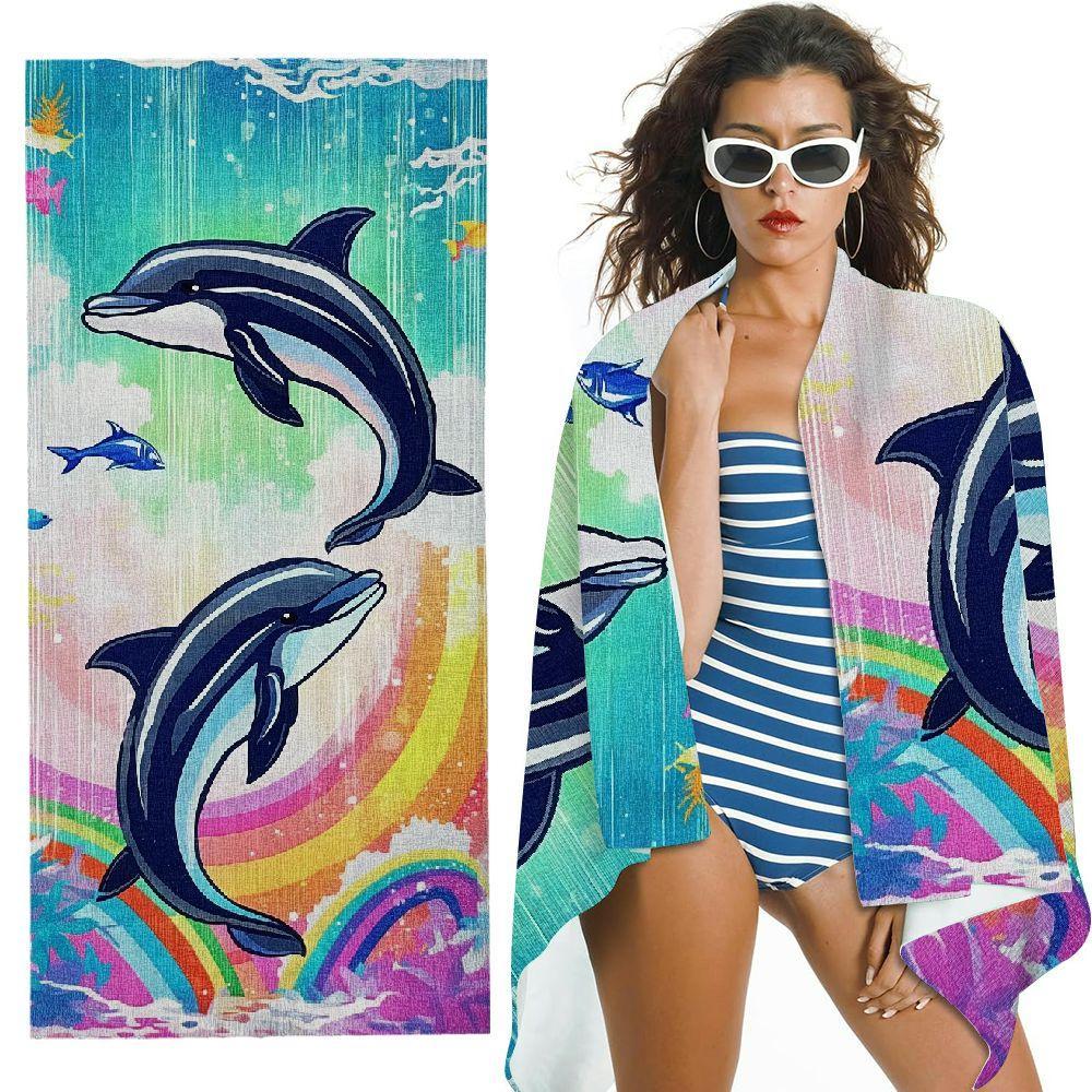 Rainbow Dolphin Ocean Underwater Scene Graphic Beach Towel Lightweight Sand Proof Bath Towel For Seaside Vacation Outdoor