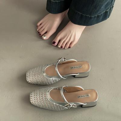 Простые ретро сетчатые однословные туфли-шлепанцы на толстом высоком каблуке, летние, с темпераментом, плетеные, универсальные, с мягкой подошвой, сандалии, женская обувь