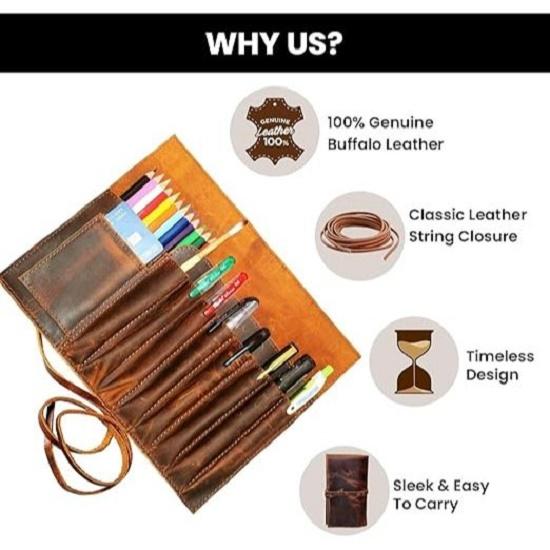 New Genuine Leather Pencil Roll Brush Case Pen Holder Organizer Brushes Ruler Stationary Pouch Gift for Students Artist Painter