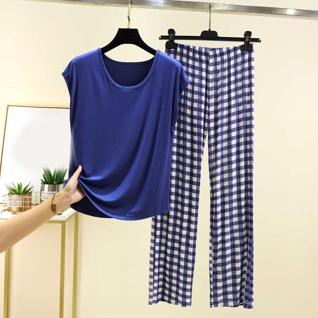Женский повседневный и удобный топ с круглым вырезом однотонной расцветки и брюки с клетчатым принтом большого размера