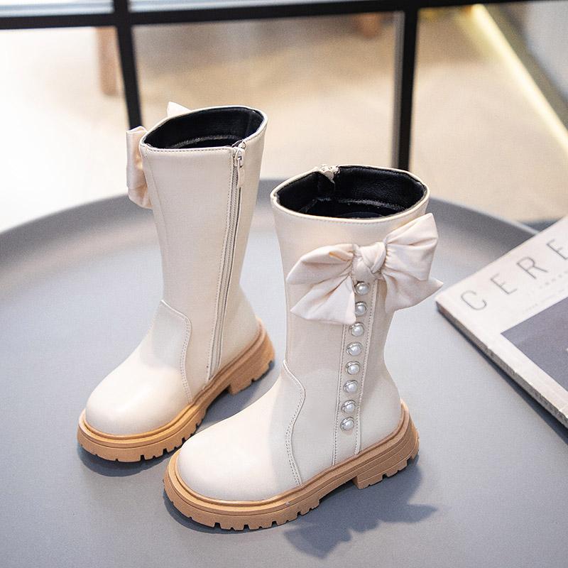 Высокие сапоги для девочек с бантом, нескользящие, модные, детские, с жемчугом, элегантные, с боковой молнией, детские, кожаные, длинные сапоги