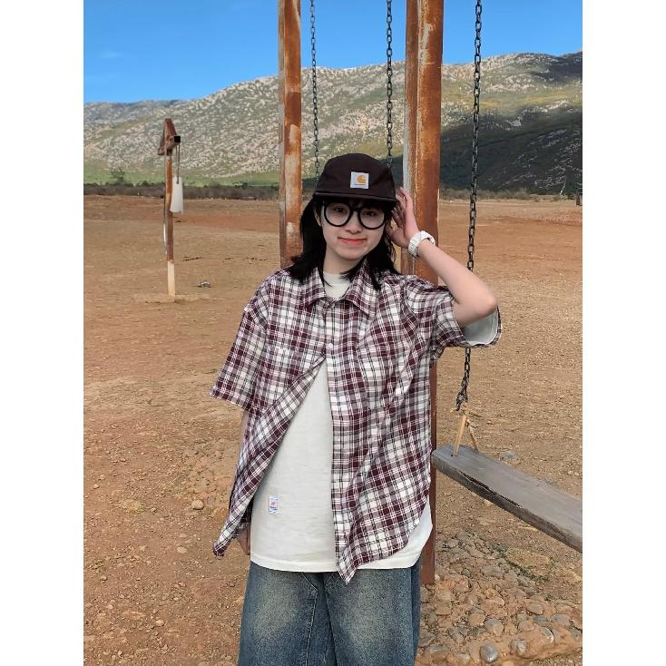 Клетчатая рубашка с коротким рукавом для женщин, летний модный бренд для подростков, учащихся средних и старших классов. Красивая верхняя одежда, свободная Гонконг