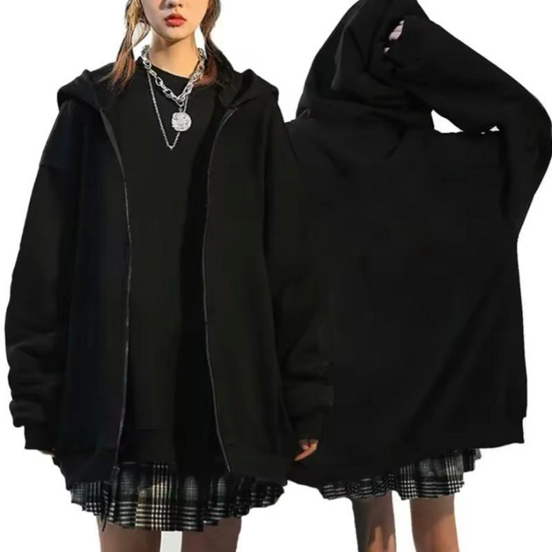 Unisex Hooded Zip-Up Sweatshirt Solid Color Casual Streetwear Top Loose Fit Long Sleeve