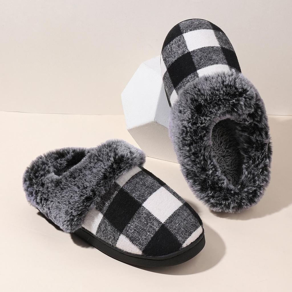Cozy Plaid Fur Slippers: Non-slip, Plush Velvet, Winter Warmth for Home