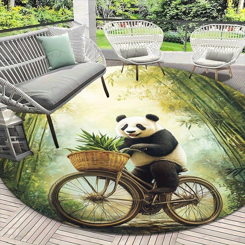 Panda riding a bicycle style Flannel-printed round floor mats are slip-resistant Suitable for living room terrace garden carpets