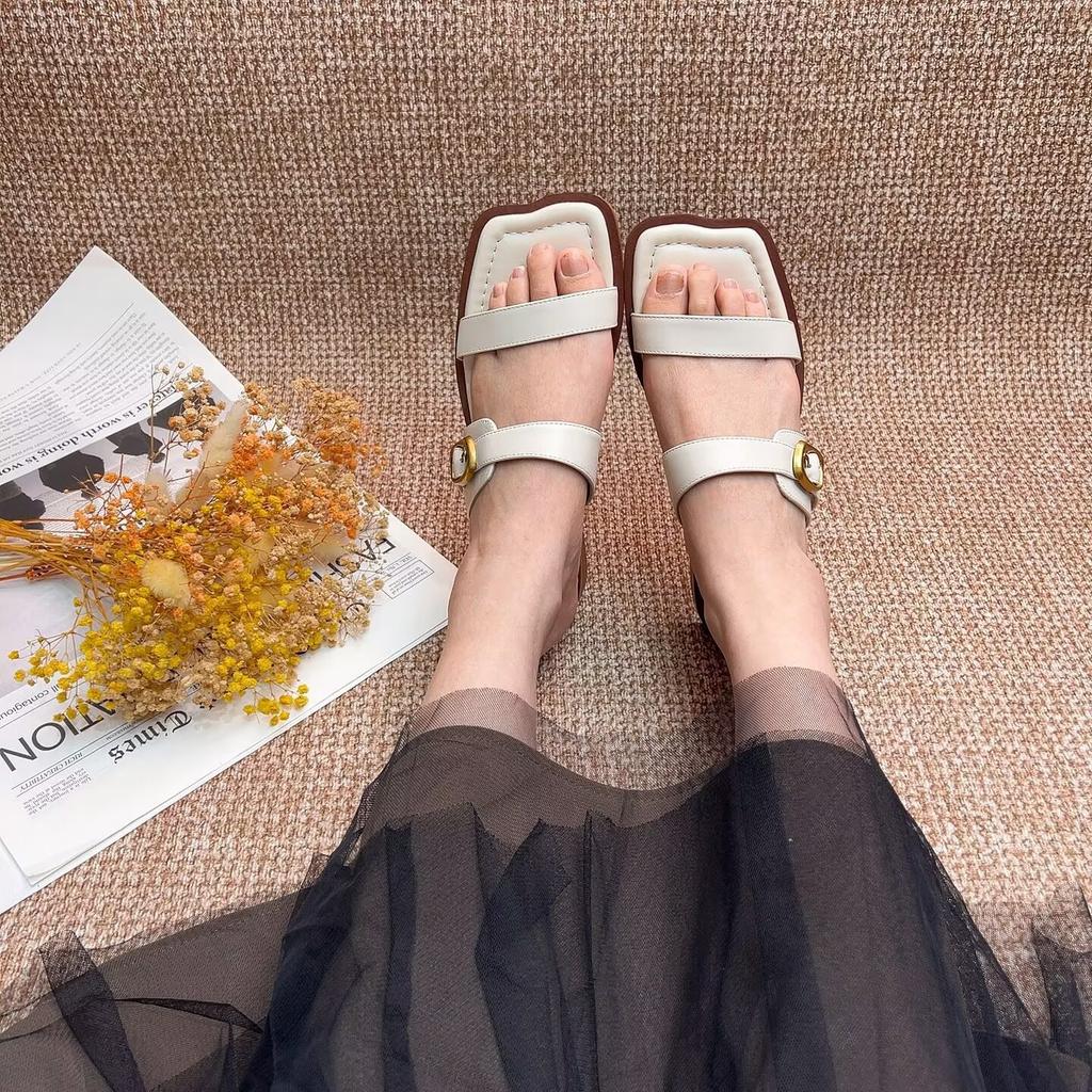 Retro One-word Slippers Women's Outer Wear Square Head Low Heel Open-toed Cool Slippers Large Size