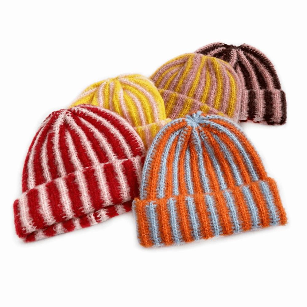 Color Blocked Ribbed Knit Cap Thick Warm Hat Brimless Striped Beanie Hat Outdoor