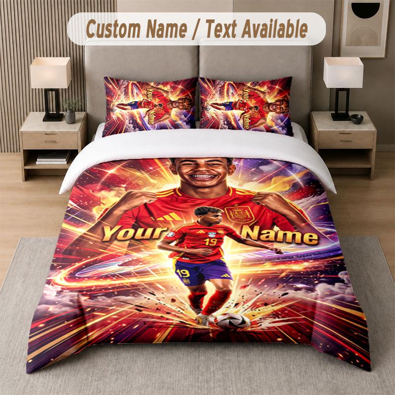 Custom Bedding Set Lamine Yamal Pattern, Print Name Text 1 Duvet Cover plus 2 Pillowcases Home Textile