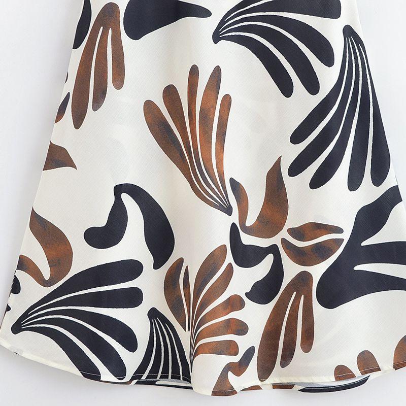 Kaslead New Women Clothes Western Style Fashion Simple Slimming Sloping Shoulder Leaves Print Dress
