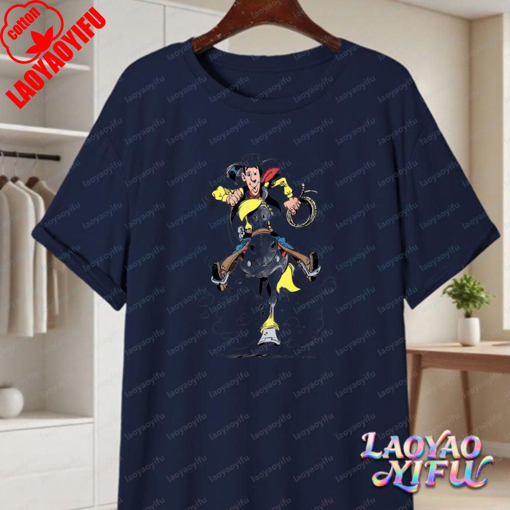 Футболка с графическим принтом персонажа Lucky Luke Аверелл Ностальгическая Мультяшная Хлопковая Футболка Унисекс Винтажная Классическая Модная Уличная Одежда для Унисекс