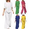 2Pcs/Set Women Casual Outfit O-neck Long Sleeve Tops Elastic Waist Wide Leg Long Pants Set Solid Color Loungewear