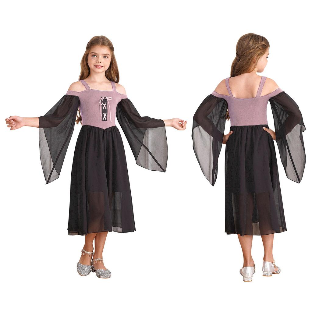 Kids Girls Medieval Princess Costume Renaissance Robe Gown Square Neck Halloween Cosplay Fancy Dress