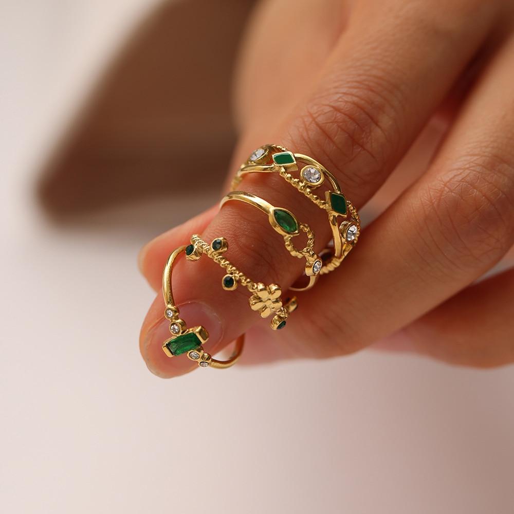 Винтажные кольца с зелеными кристаллами для женщин, позолоченные, из нержавеющей стали, роскошные геометрические кольца Anillos, женские ювелирные изделия, подарки Bague